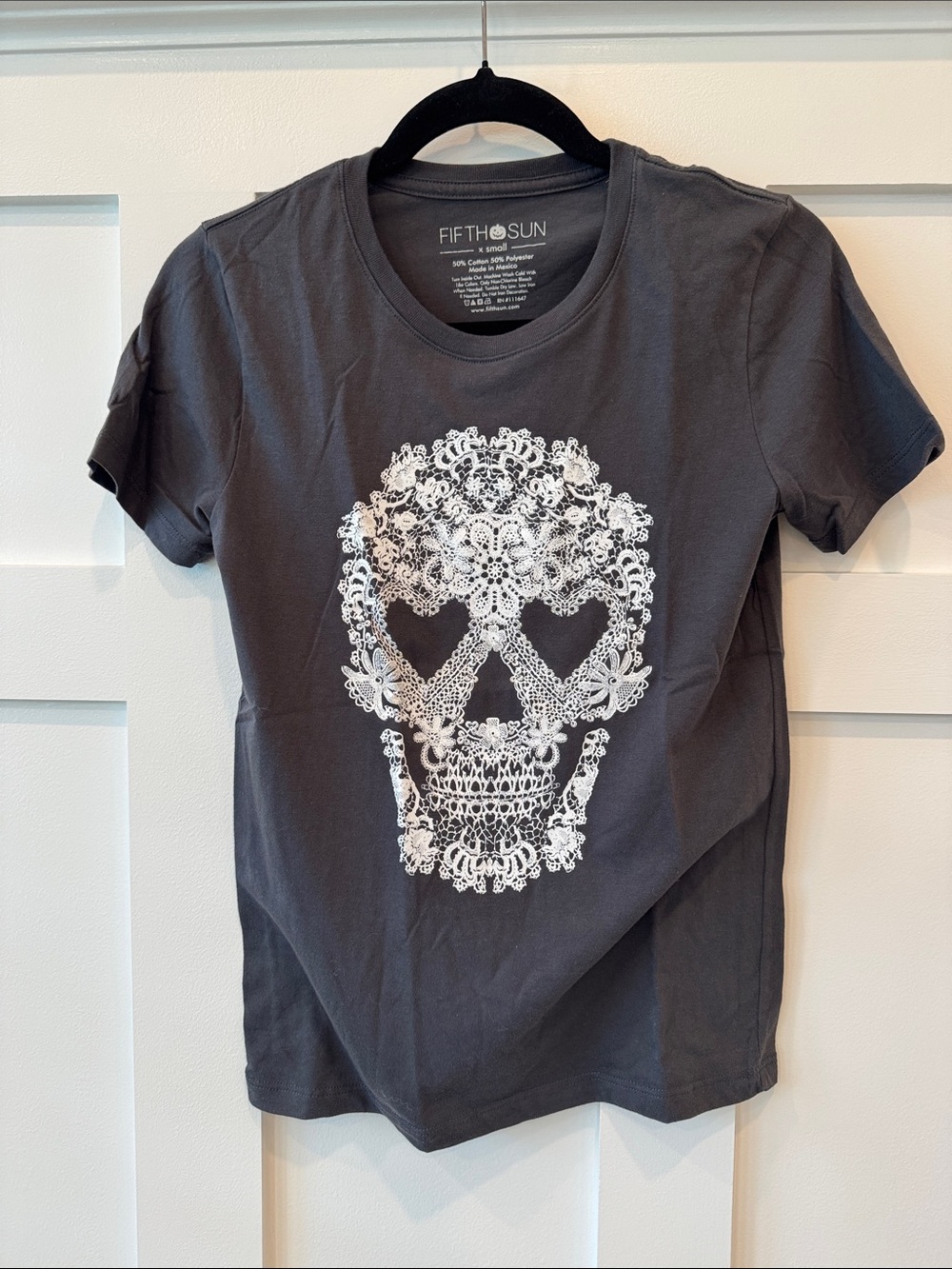 Fifth Sun Charcoal Tee with White Lace Skull Graphic